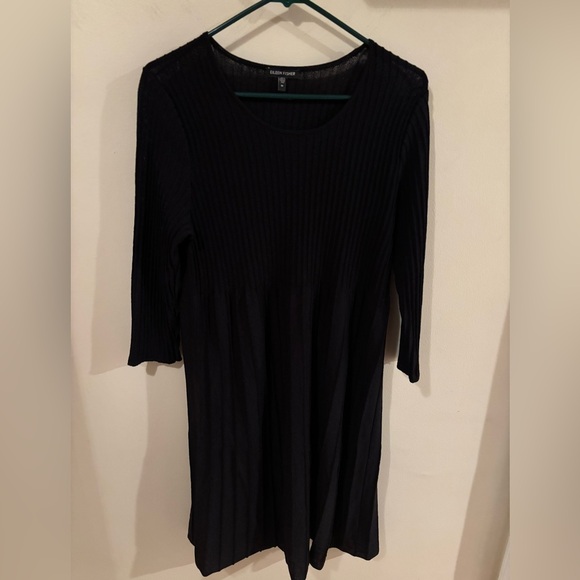 Eileen Fisher Ribbed Pleat 100% Washable Wool Knit Dress in Black, Size Medium - Picture 3 of 6